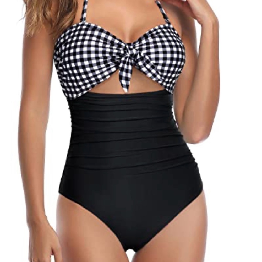 Black & White Check Tummy Control Halter Sexy Cutout One Piece Swimsuit